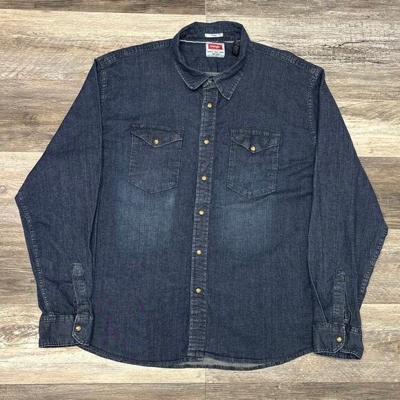 Wrangler Indigo Dark Wash Blue Mens 3XL Stretch Pearl Snap Western Denim Shirt - Picture 1 of 8